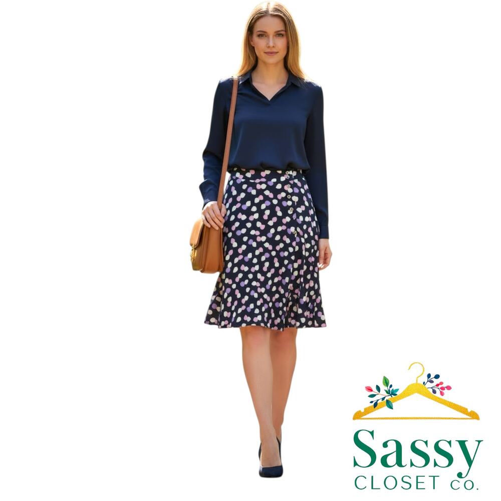 Talbots Petite Midi Skirt 10P Navy Pink Floral Faux Wrap Button Side EUC